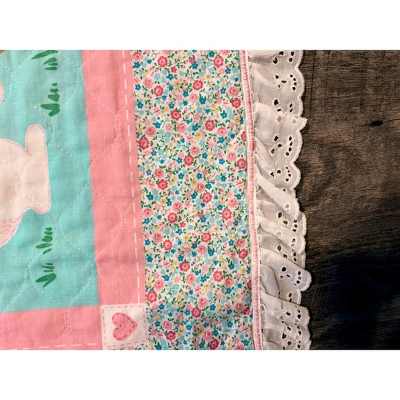 Sweet Bunny Rabbit Baby Quilt Blanket Floral Lace Trim Nursery Decor - Picture 3 of 5